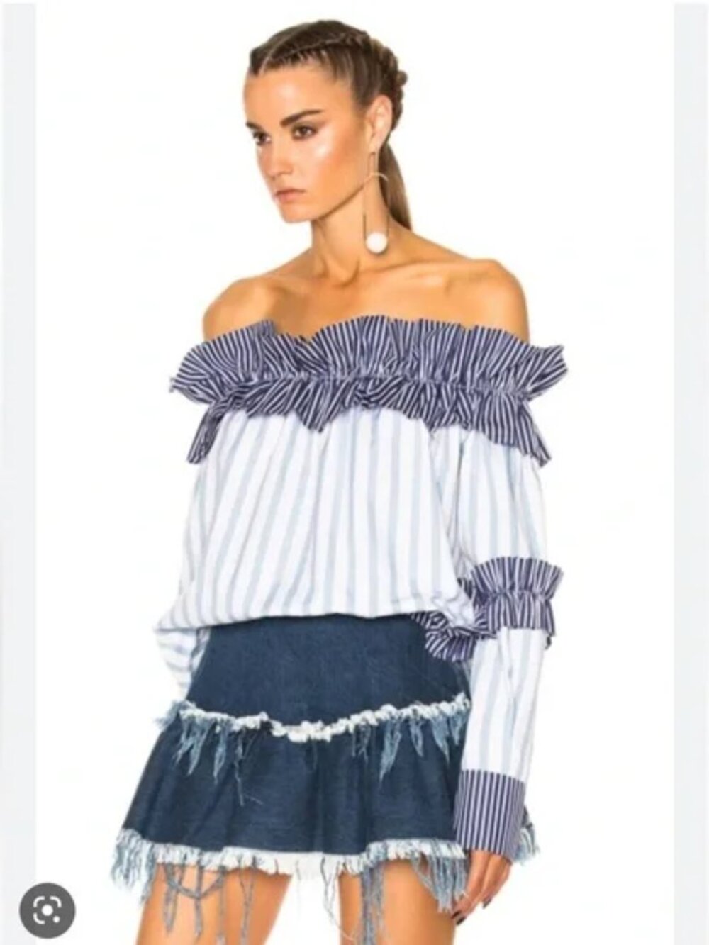 MSGM Milano Striped Off-Shoulder Ruffle Blouse - Blue/White XS